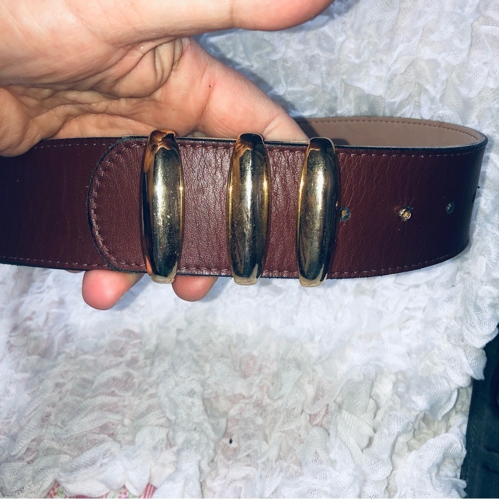 Plum Brown Leather Belt with Gold Buckle Design - 32” by 1 7/8”- stylish used